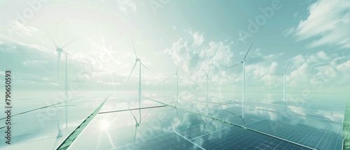 A scenic view of wind turbines in a green field under a clear blue sky.