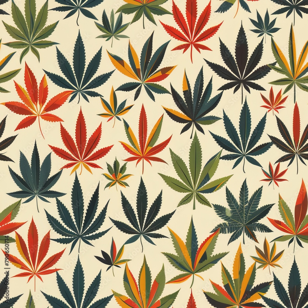 Fototapeta premium Hemp Seamless Pattern Marijuana Leaves Cannabis Texture Decor Digital Print Cartoon Style White Background