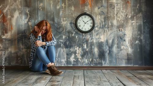 A red-haired girl in jeans sits on a wooden floor with her head down against the background of a grunge wall with a large clock. The concept of agonizing waiting, fear of the unknown. Space for copyin