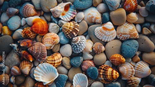 Variety of textures colored small stones seashells and sand in different sizes and colors