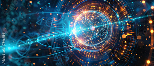 Futuristic technology with quantum computing concepts, showcasing advanced scientific innovation in a digital landscape.