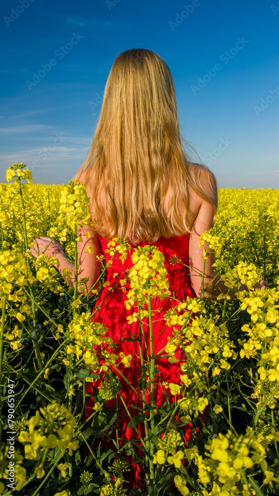 Caucasian woman in red dress in scenic yellow rapeseed field Caucasian woman in red dress in scenic yellow rapeseed field