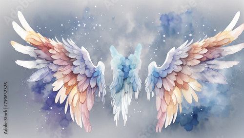A pair of watercolor wings in pastel shades of pink, blue, and purple against a sparkly blue background.