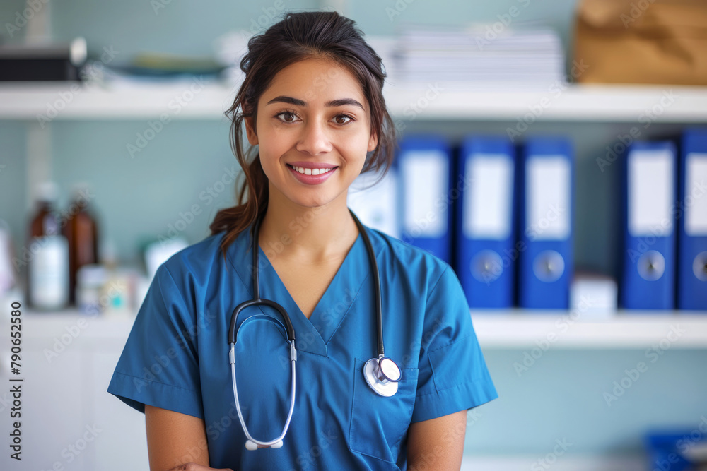 Portrait, woman and nurse with smile, healthcare or confidence with uniform or hospital. Face, surgeon or medical with professional, doctor or physician with stethoscope or career ambition in clinic - obrazy, fototapety, plakaty 