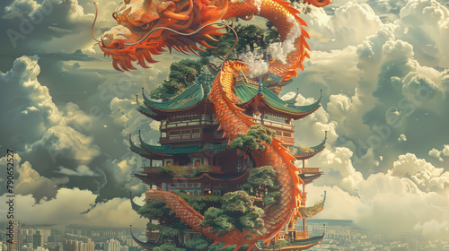 A painting of a dragon perched on top of a building, showcasing intricate details and bold colors in the artwork