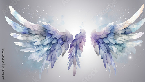 A pair of watercolor wings in pastel shades of pink, blue, and purple against a sparkly blue background.