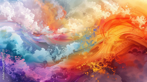 A vibrant painting featuring colorful brush strokes with fluffy clouds in the distant background