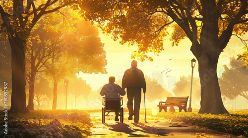 A man in a wheelchair is walking alongside a child in a park on a sunny day