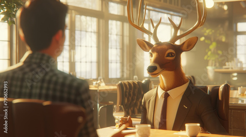 A surreal encounter as a man converses with a suited deer character sitting across the table in a warm, illuminated cafe setting