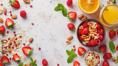 Breakfast with muesli, strawberry salad, fresh fruit, orange juice, nuts on white background, Healthy food concept, Flat lay, top view, hyperrealistic food photography