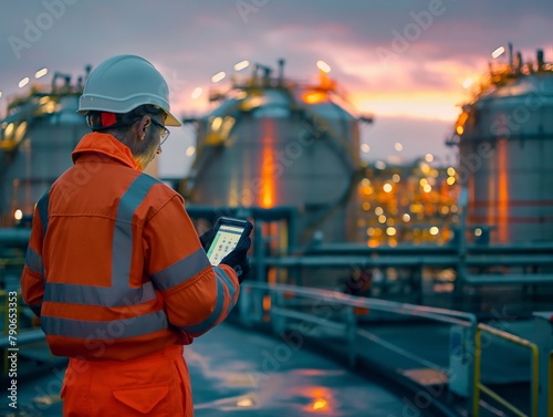 A worker in a safety vest and helmet uses a tablet at an industrial site with illuminated tanks at twilight.