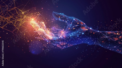 Abstract design made of human hand and technological elements on the subject of science, alternative energy and portable technologies,Hands connection, business conversation, Polygonal space low poly  photo