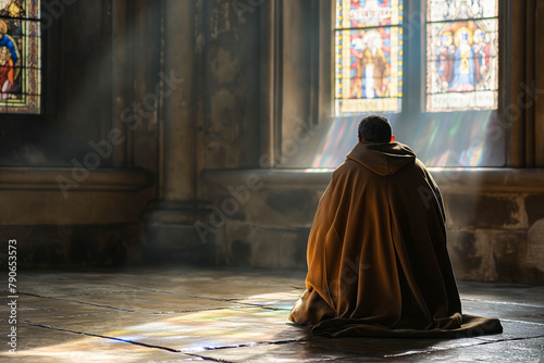 christian catholic monk or friar praying in the abbey at the window photo