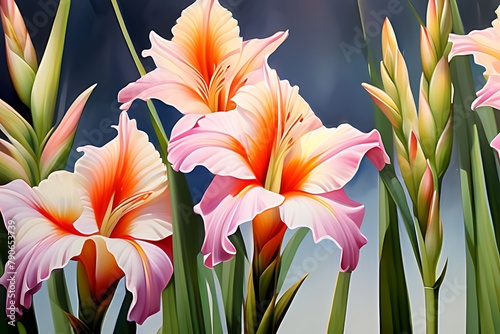 Paint pink and orange gladiolus flowers. Some flowers have yellow centers and green leaves.