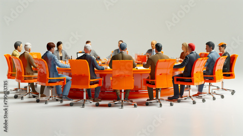 Business concept. 3D illustrated diverse group of professionals engaged in a round table discussion in a corporate setting.