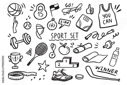 Sport elements doodle. Funny hand drawn Cute cartoon black and white collection.