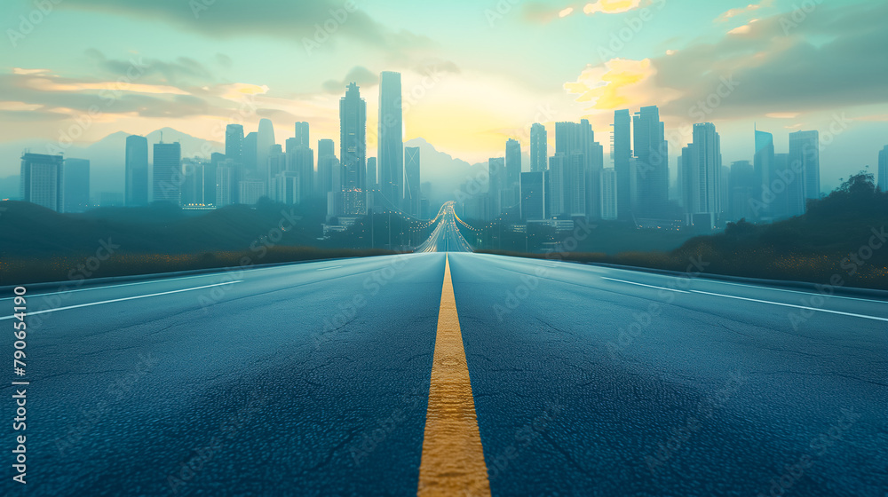 Fototapeta premium Highway to Futuristic Cityscape, Scenic Road to Success, Sunrise. Connected Smart City, Cyber Megapolis, Skyscrapers Silhouette, Vibrant Sky. Business, Technology, AI Infrastructure, Urban Development