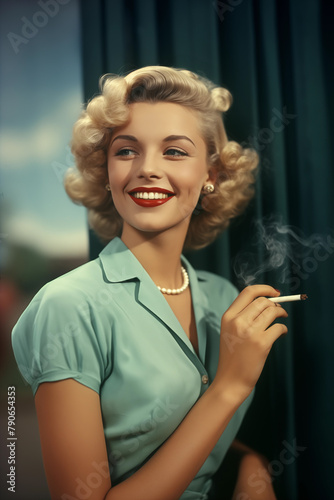 vintage photo beautiful young blond woman wearing green dress holding cigarette in 1960s studio portrait green curtain © Ricky