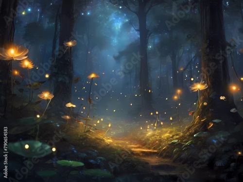 Mystical Forest with Twinkling Fireflies