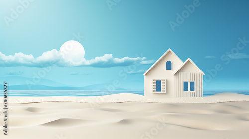 Creative illustration summer background concept paper cut style with landscape of sea wave and beach with palm tree. Summer season design for brochure, web banner, flyer, poster, sale advertising.