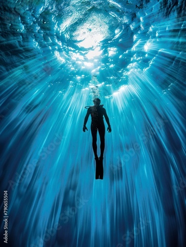 Close-up shot floating free-diver in the bight blue ocean water light rays 