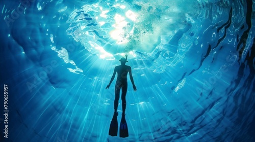 Close-up shot floating free-diver in the bight blue ocean water light rays 
