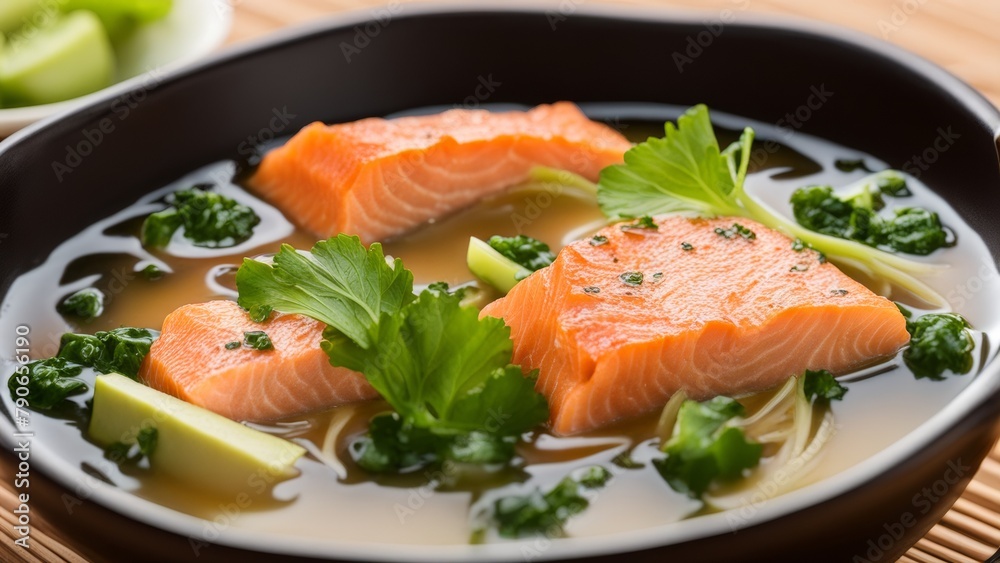 Salmon kelp sprout miso soup. Salmon kelp sprout miso soup.