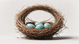 A nest with blue and tan eggs in it

