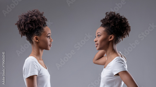 Foto Self-critical black woman confronts own insecure reflection