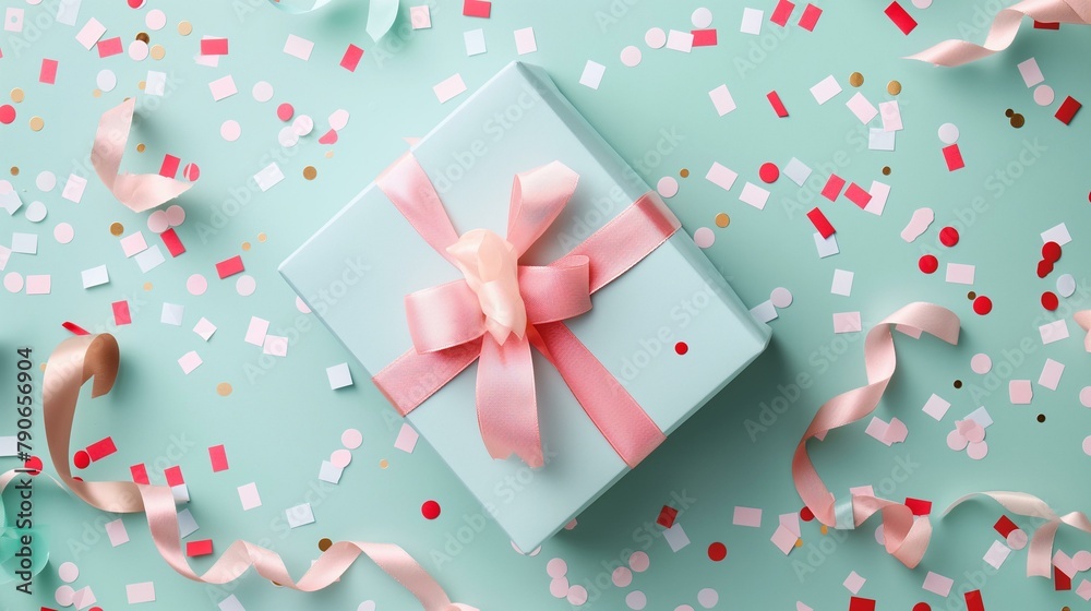 Elegant Gift Box with Pink Ribbon and Confetti on a Mint Background