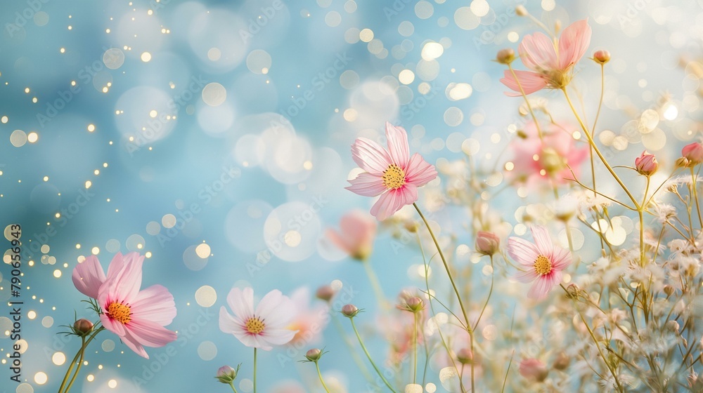 Elegant Garden Party Invitation Background With Delicate Cosmo Flowers and Shimmering Bokeh Lights