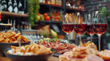 catering services background with snacks and glasses of wine on bartender counter in restaurant, hyperrealistic food photography