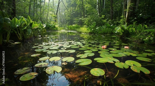 Clear water flows gently through a lush forest, its surface adorned with delicate lily pads, a haven for wildlife. © muhammad