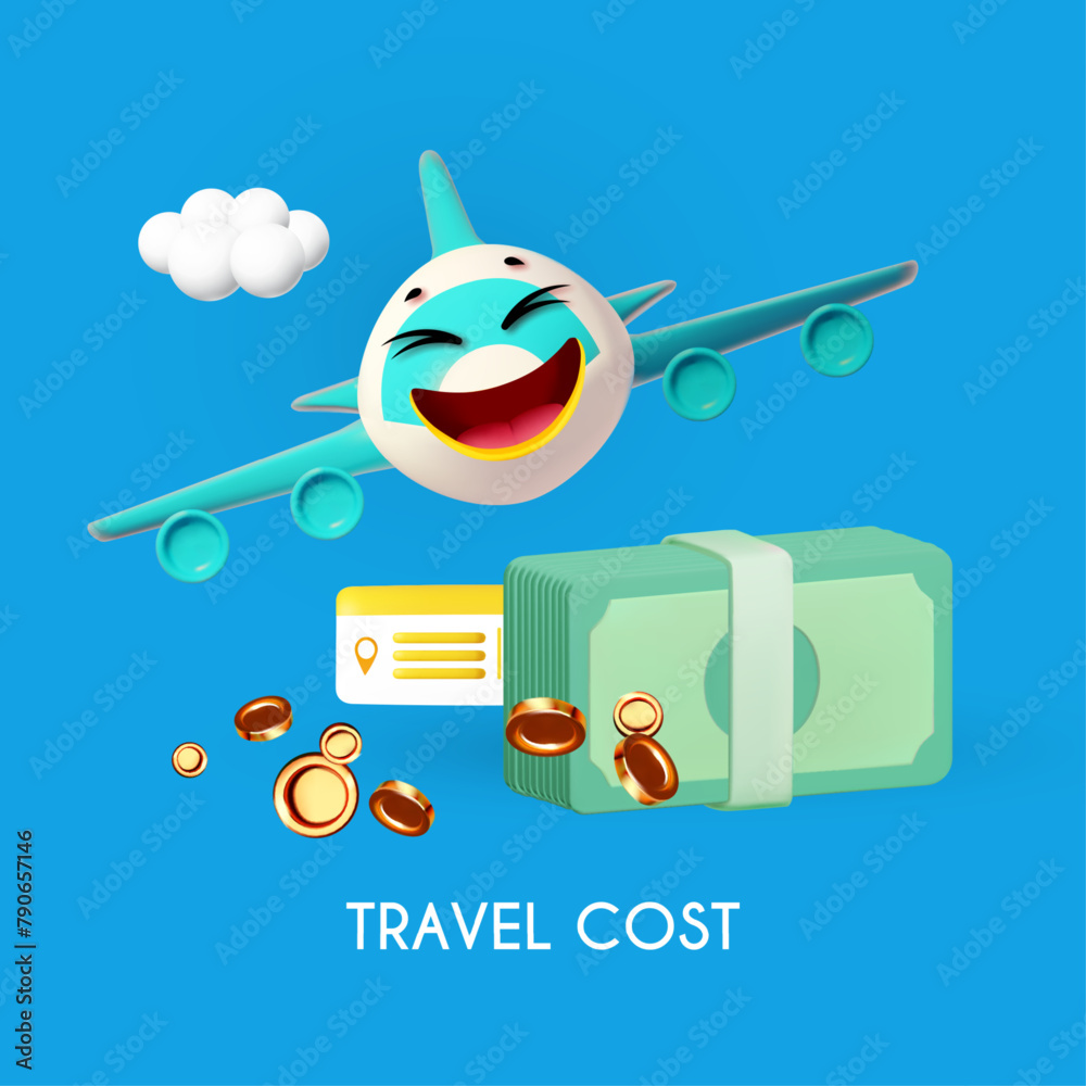 Naklejka premium 3D airplane travel concept. Booking service design. Flight cost.