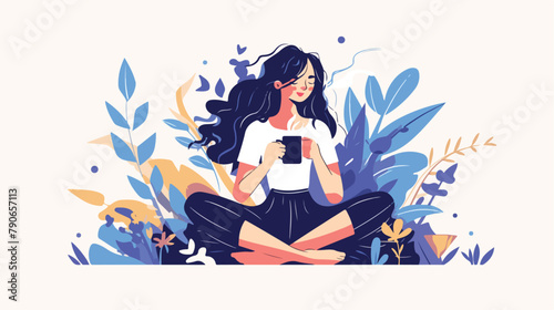 Calm woman relaxing and drinking coffee. Peaceful s