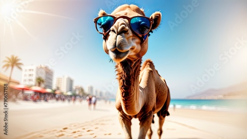 Camel with Sunglasses on Sunny Beach Promenade photo