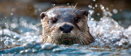 Detailed closeup of a playful river otter in the water, its eyes sparkling with curiosity and charm