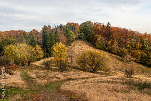 Sedlo pod Malou Kykulou and Mala Kykula hill in autumn Moravskoslezske Beskydy mountains in Czech republic photo