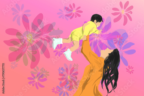 a mother holding a child, a woman and a baby against a colorful gadasi background strewn with flowers