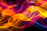Neon abstract art featuring vibrant yellow and orange waves with hints of red and pink. Lively artwork on black background.