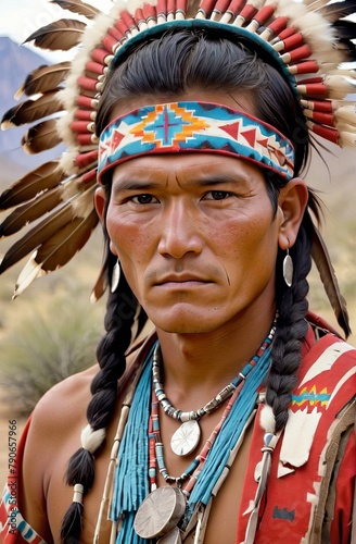 Navajo Warrior in Full Regalia with Tribal Patterns