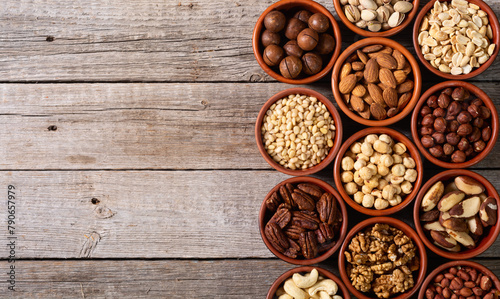 Mix of nuts in bowl . Food background