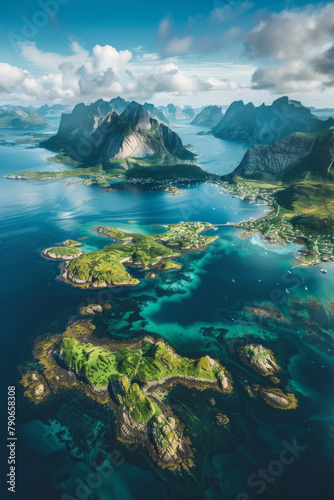 Aerial view of beautiful green islands with mountains