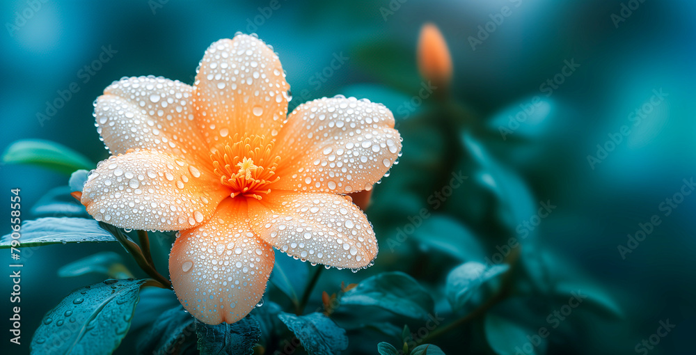Fototapeta premium Delicate Soft Peach Orange Flower. Spa, Yoga, Meditation. Premium Cosmetics, Wellbeing, Beauty Treatment, Care Product. Hydration, Vitality, Balance, Relax, Spirituality. Magic, Vibrant, Feminine