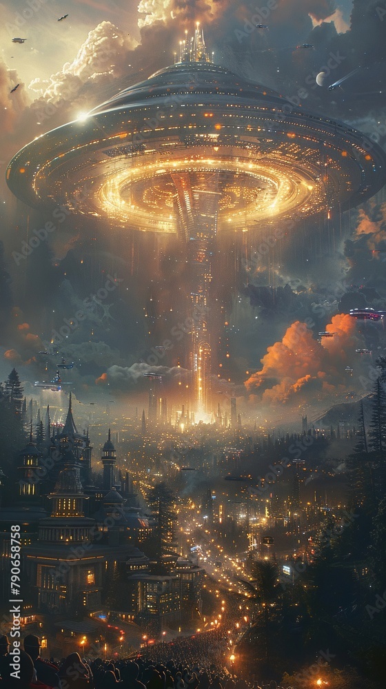 Obraz premium An alien embassy on Earth, where humans and extraterrestrials collaborate for interstellar peace, under a united flag