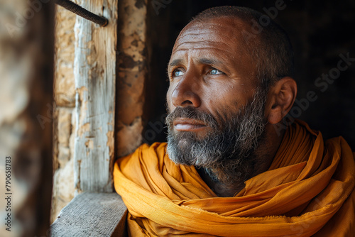 poor monk or friar praying in the monastery at the window, spirituality, faith and hope photo