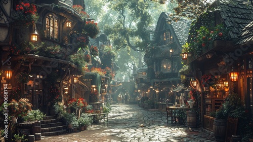 An enchanted medieval marketplace, where spells are bartered and mythical beasts roam freely among the stalls photo