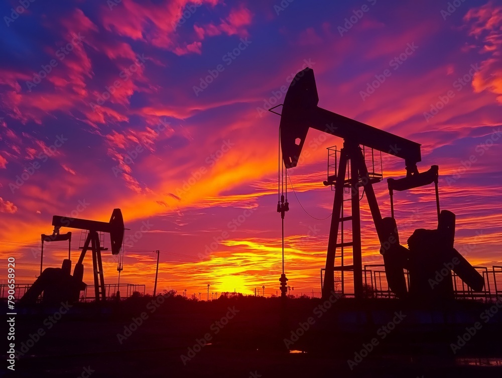 Silhouettes of oil pumpjacks against a vibrant sunset sky, symbolizing energy production.
