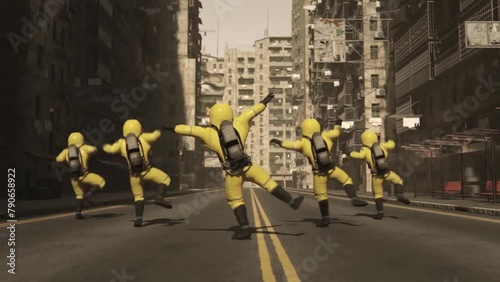 People in chemical protection dance against the backdrop of the apocalypse photo
