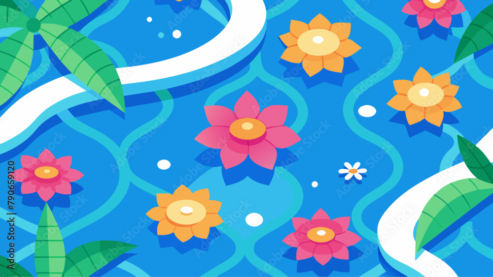 Fototapeta premium Seamless pattern with flowers and leaves on the background of the pool